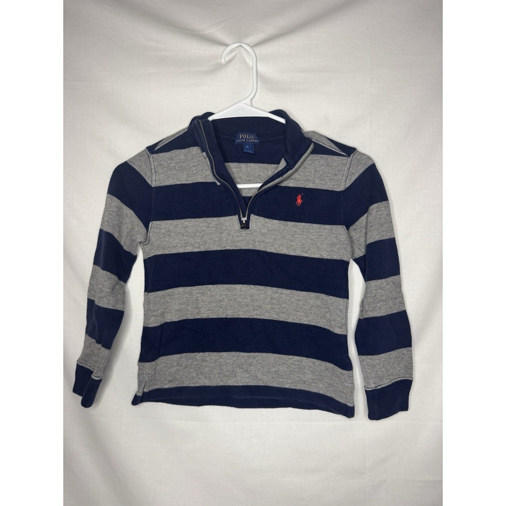 Polo Ralph Lauren Boys 6 Half Zip Sweater Navy Gray Striped Cotton Pullover
